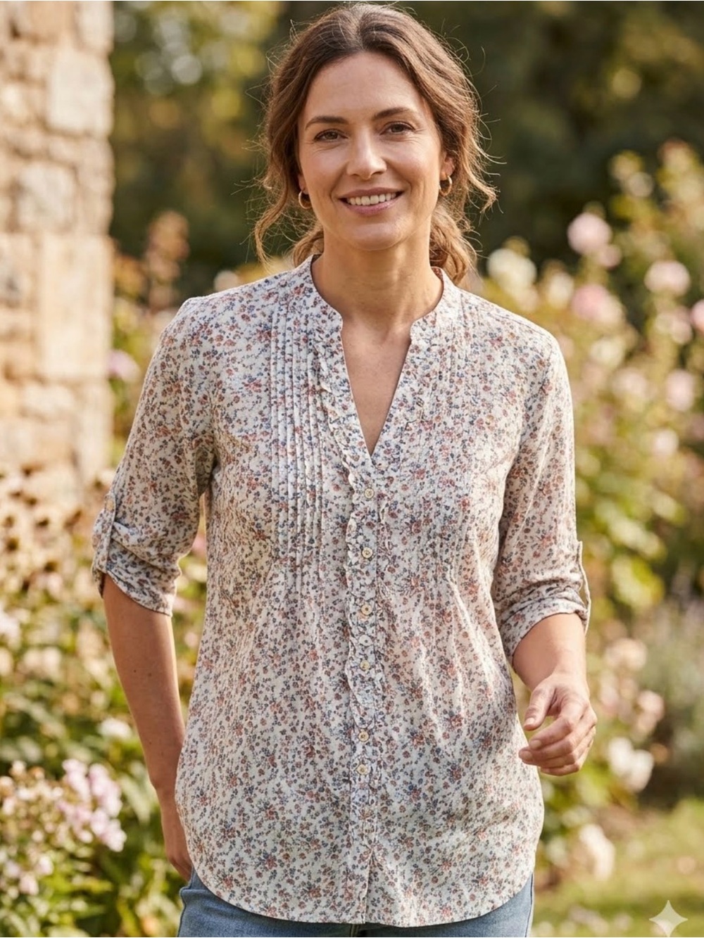 Women's Light Floral Button-Down Shirt with Pintuck Detail